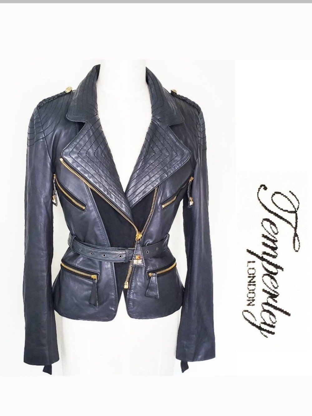 Temperley London Black Leather Jacket with Belt Peplum High Low Size 6